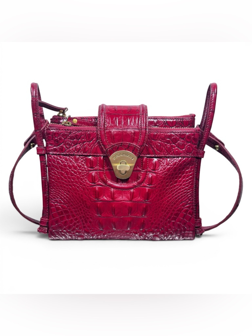 BRAHMIN Red Croc Embossed Leather Triple Zip Crossbody Bag Wallet Organizer EUC